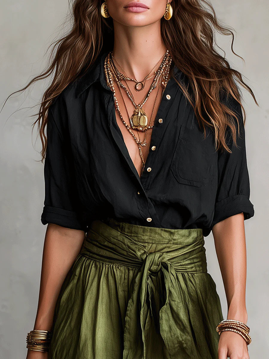 River | Black Button Shirt & Olive Midi Skirt Two-Piece Set