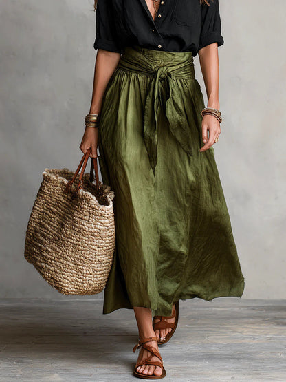 River | Black Button Shirt & Olive Midi Skirt Two-Piece Set