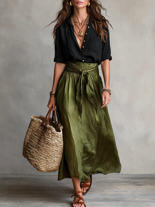River | Black Button Shirt & Olive Midi Skirt Two-Piece Set
