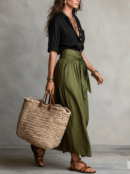 River | Black Button Shirt & Olive Midi Skirt Two-Piece Set