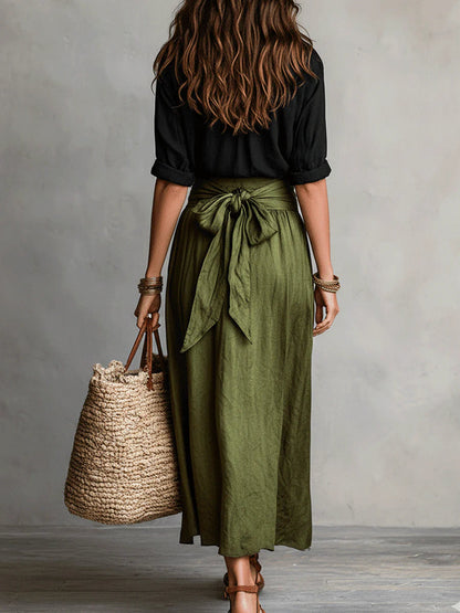 River | Black Button Shirt & Olive Midi Skirt Two-Piece Set