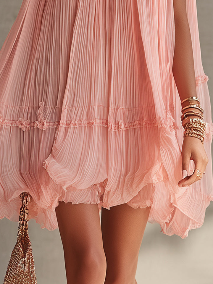 Vestido mini burbuja de gasa rosa con cuello halter y volantes
