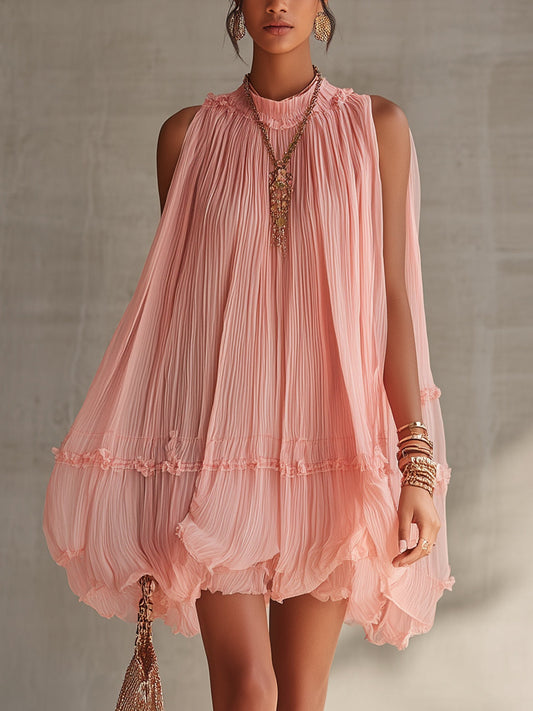 Vestido Mini Bolha de Chiffon com Babados e Decote Halter Rosa