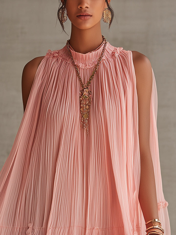 Vestido mini burbuja de gasa rosa con cuello halter y volantes