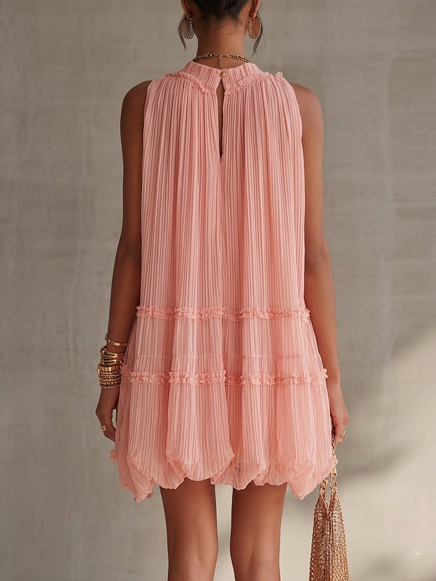 Vestido mini burbuja de gasa rosa con cuello halter y volantes