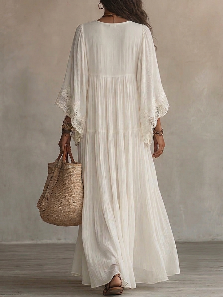 Vestido maxi de gasa blanco con escote en V, manga murciélago y encaje