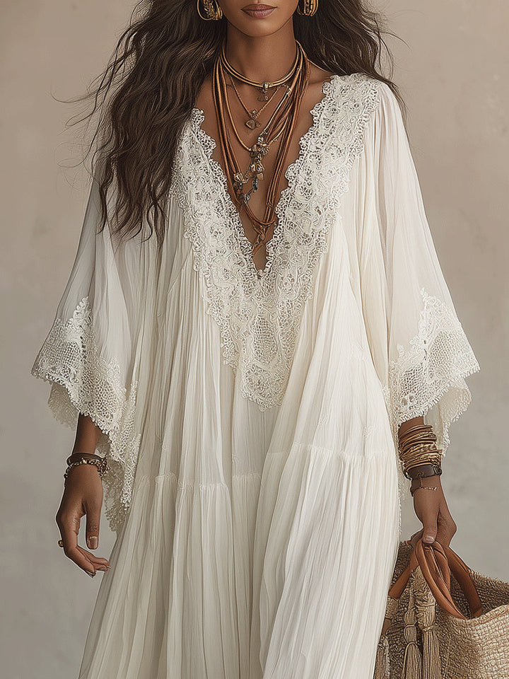 Vestido maxi de gasa blanco con escote en V, manga murciélago y encaje