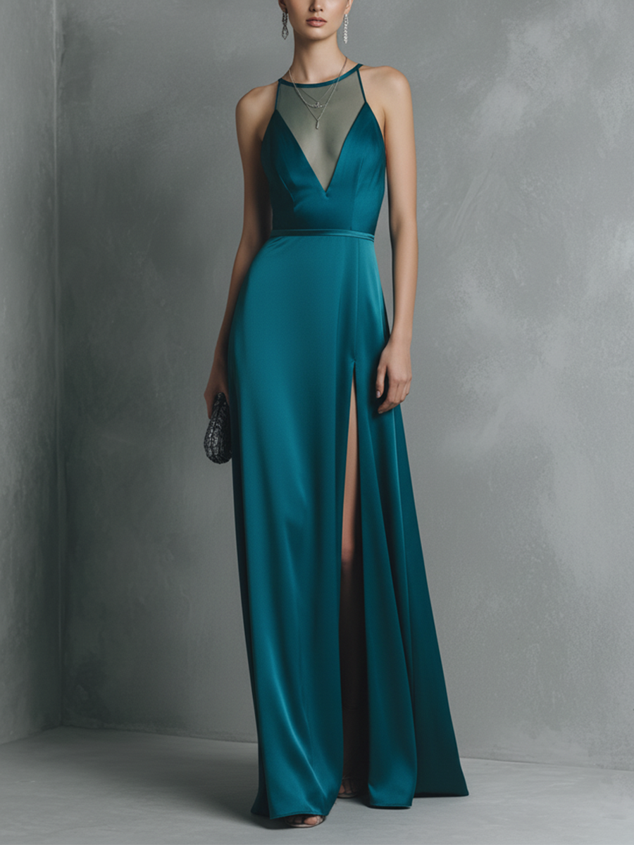Vestido maxi feminino de cetim azul-esverdeado com elastano, transparente, costas nuas e fenda alta