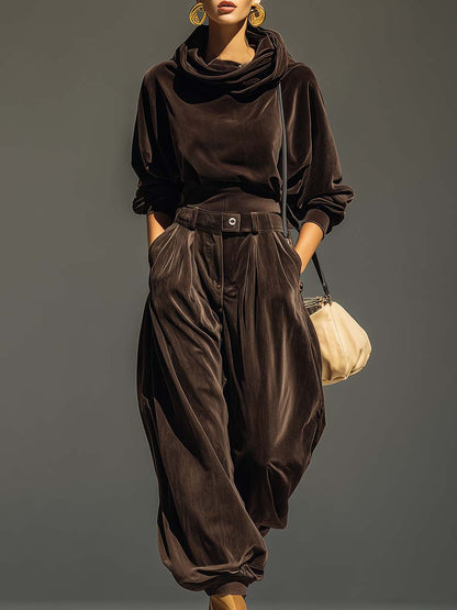Lovely | Vintage-braunes Samt-Hoodie- und locker sitzendes Hosen-Set (inklusive Gürtel)