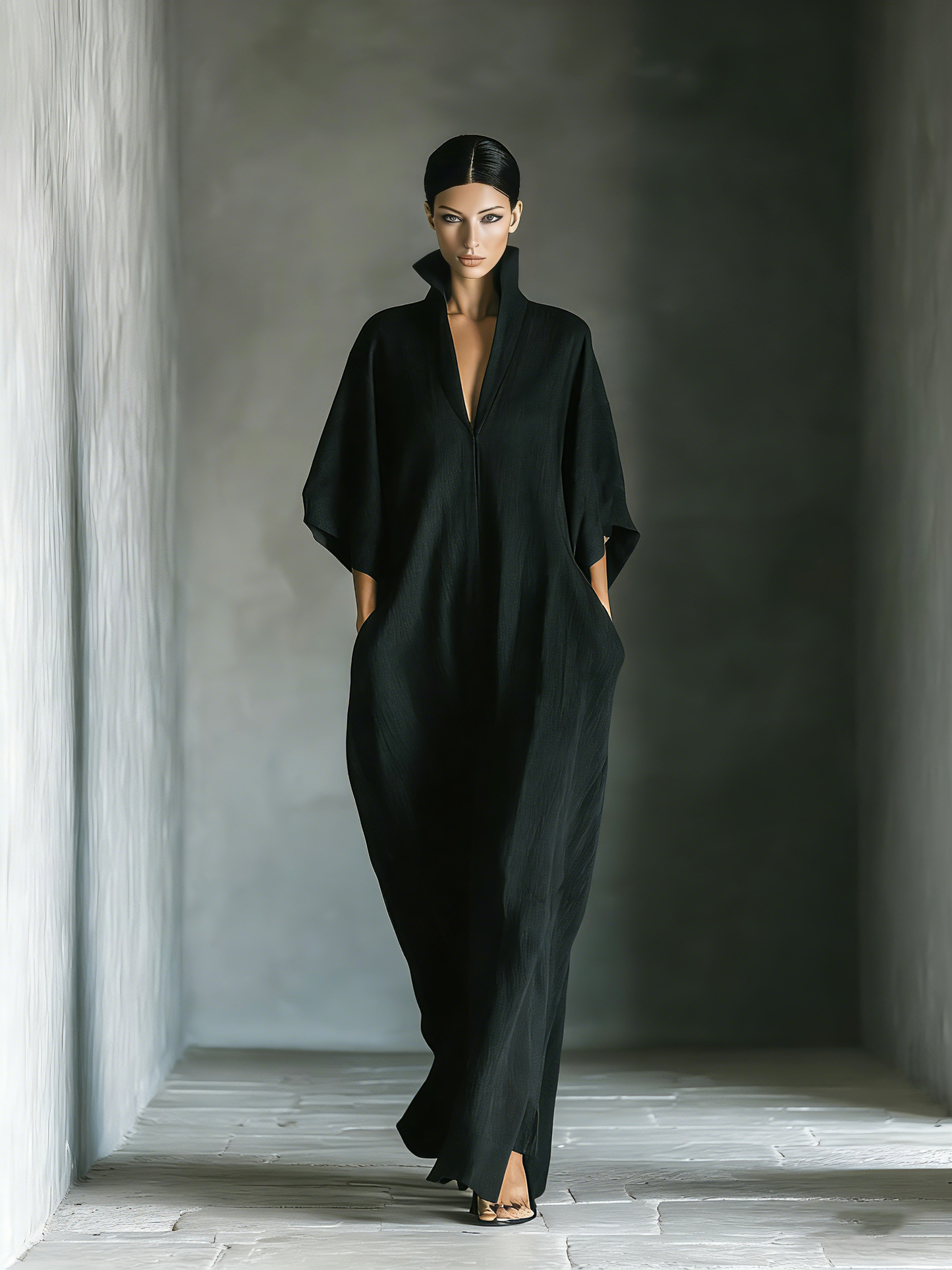 Vestido maxi feminino preto, de tecido misto de algodão, com mangas estilo quimono oversized e bolsos
