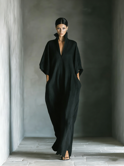 Vestido maxi feminino preto, de tecido misto de algodão, com mangas estilo quimono oversized e bolsos