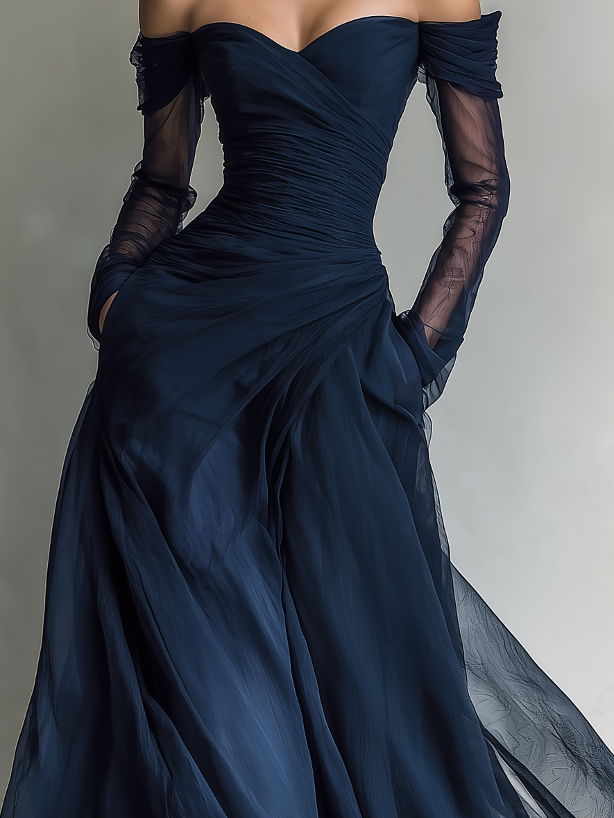 Elegant mørkeblå chiffon- og organzakjole til kvinder med bare skuldre, lange ærmer og figursyet maxilængde