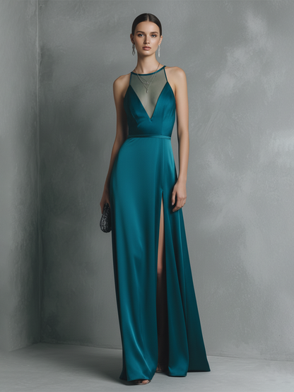 Vestido maxi feminino de cetim azul-esverdeado com elastano, transparente, costas nuas e fenda alta