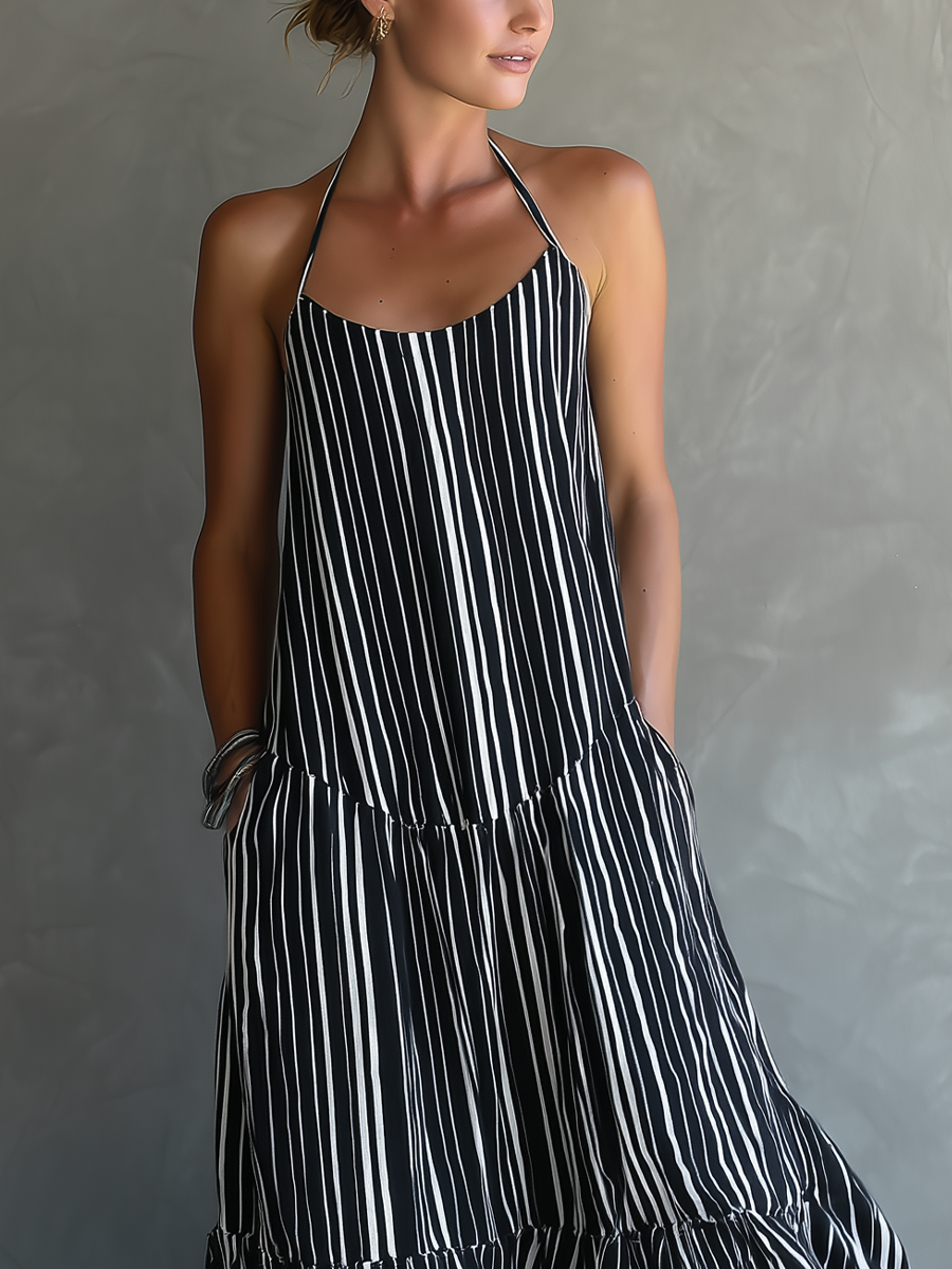 Women's Black And White Vacation Style Striped Maxi Dress With Halter Neckline & Tiered Skirt