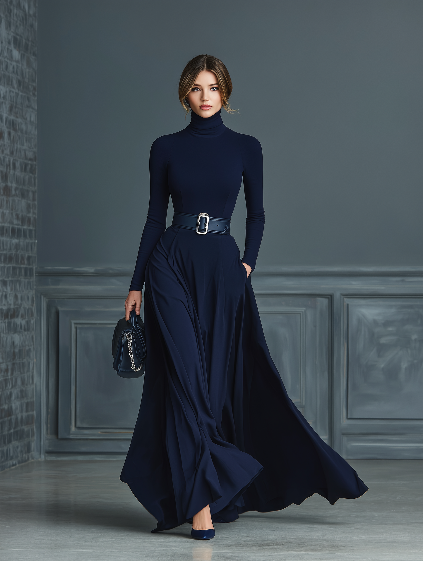 Vestido feminino azul-marinho de tricô com gola alta