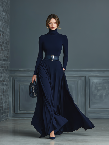 Vestido feminino azul-marinho de tricô com gola alta