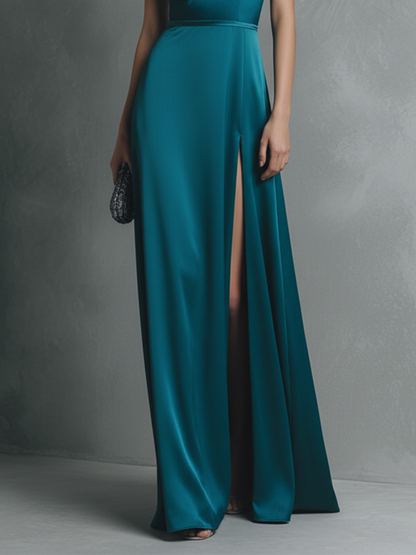 Vestido maxi feminino de cetim azul-esverdeado com elastano, transparente, costas nuas e fenda alta