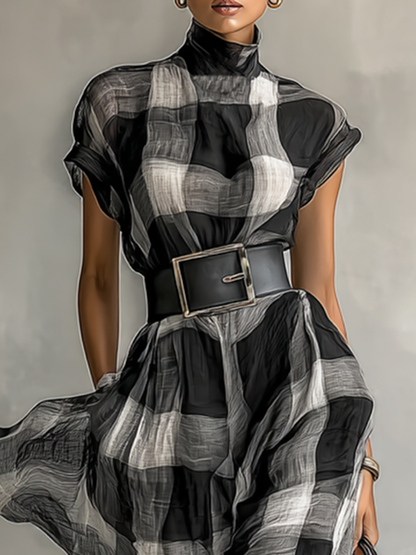 Vestido longo feminino xadrez de mistura de algodão, com gola alta, mangas curtas e cinto