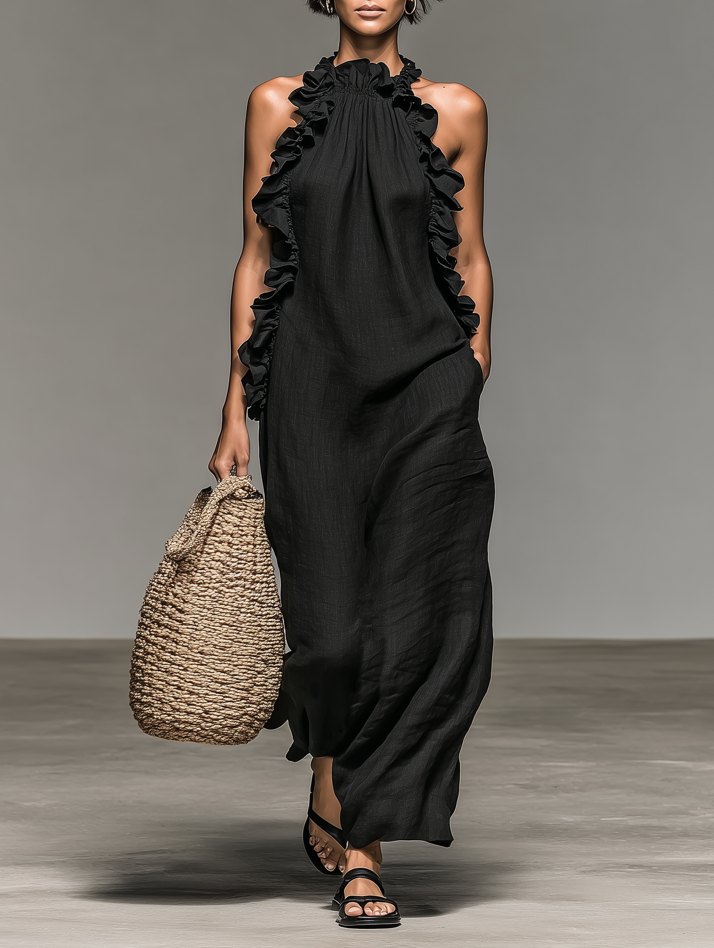 Vestido largo sin mangas minimalista para mujer, mezcla de lino, con detalles de volantes MDZ1622A0Y
