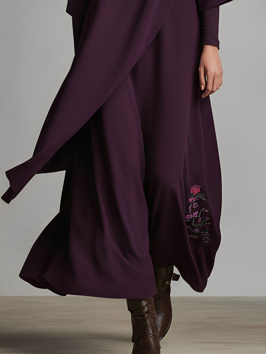 Vestido longo feminino elegante de malha de algodão com elastano, gola alta, drapeado, na cor ameixa, com bordado