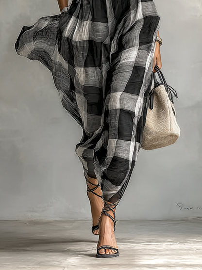 Vestido longo feminino xadrez de mistura de algodão, com gola alta, mangas curtas e cinto