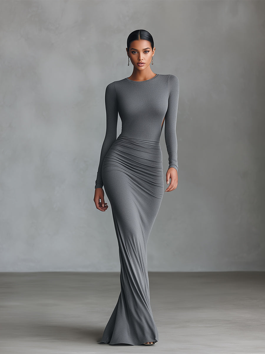 Elegantes graues Stretch-Maxikleid für Damen aus einer Polyester-Baumwoll-Mischung mit gerafftem Rückenausschnitt