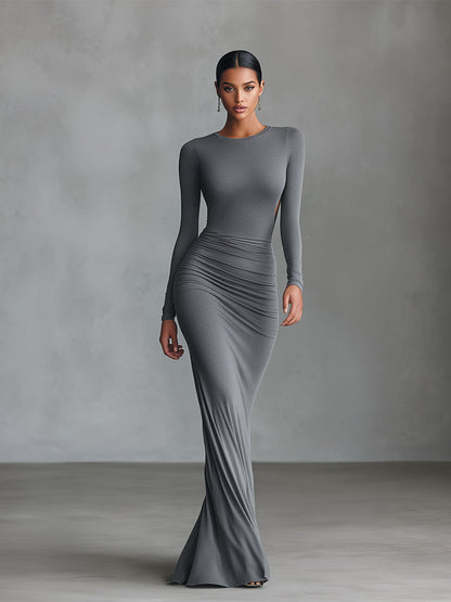 Elegantes graues Stretch-Maxikleid für Damen aus einer Polyester-Baumwoll-Mischung mit gerafftem Rückenausschnitt