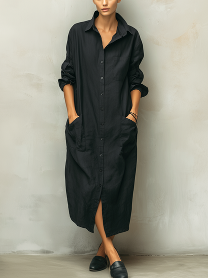 Vestido informal de mujer en mezcla de algodón y lino negros, con cuello de camisa y manga larga