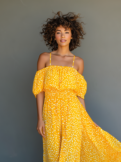 Women's Casual Yellow Chiffon Suspender Short-sleeved Long Dress