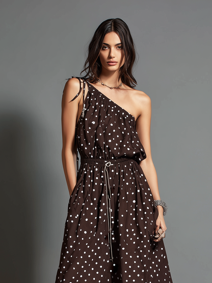Vestido largo casual de mujer, marrón, con estampado de lunares, tejido, sin hombros y sin mangas