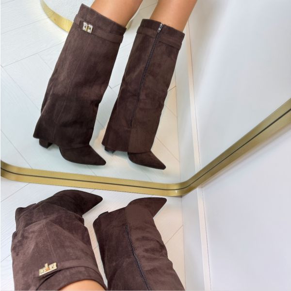 Botas altas para mujer hasta la rodilla con tacón grueso y ajuste elegante con hebilla en ante o cuero