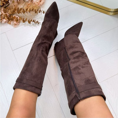Botas altas para mujer hasta la rodilla con tacón grueso y ajuste elegante con hebilla en ante o cuero