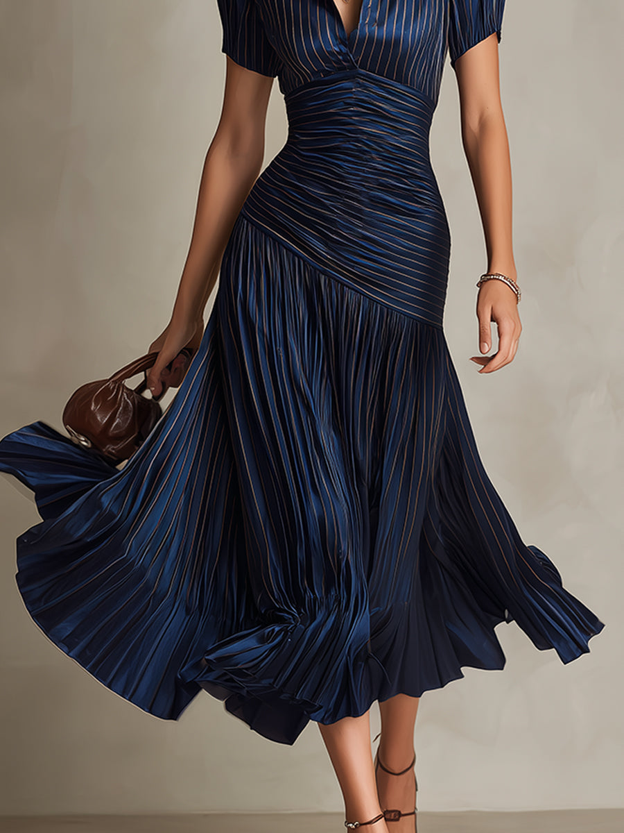 Retro stribet satin plisseret bodycon midi-kjole