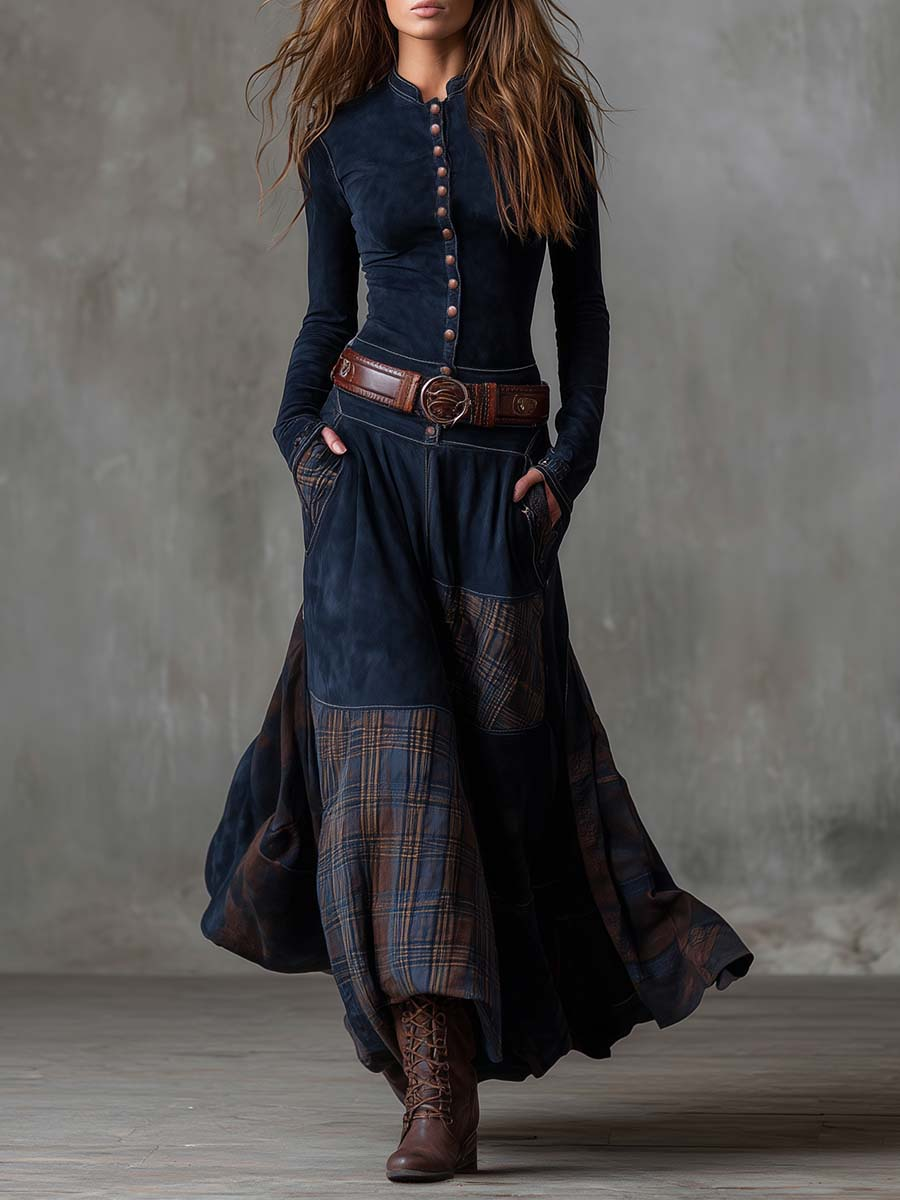 Vestido longo vintage de camurça azul-marinho com painéis xadrez (com cinto)