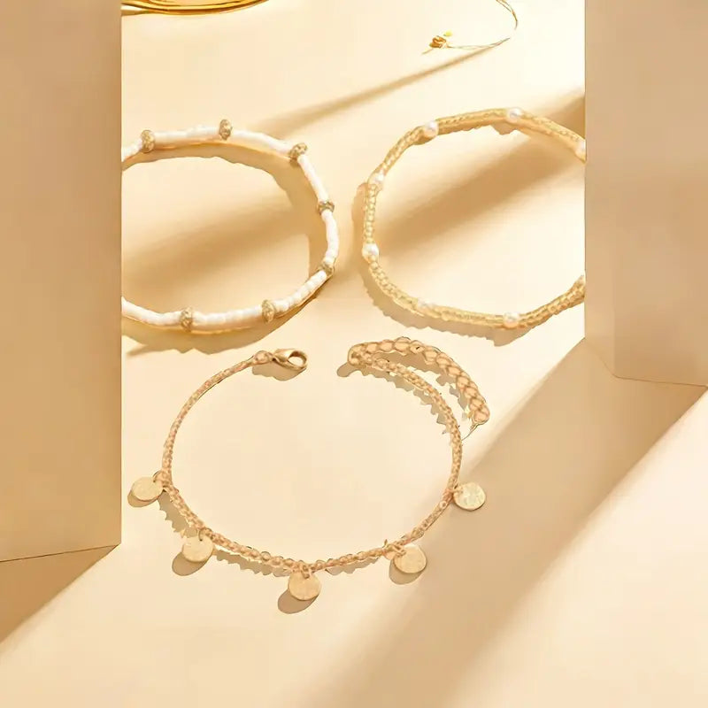 Conjunto de 3 tobilleras superpuestas Coastal Charm | Dorado
