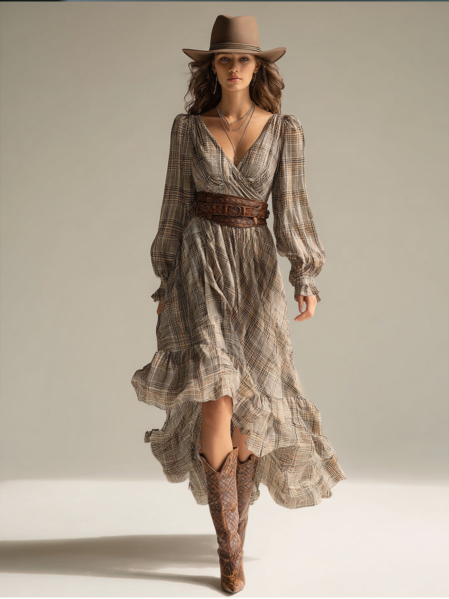 Beige ternet boheme-chiffon-midikjole med flæser til kvinder (uden bælte)
