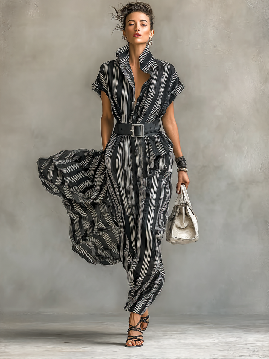 Vestido maxi feminino de chiffon listrado estampado, com gola de lapela e mangas curtas