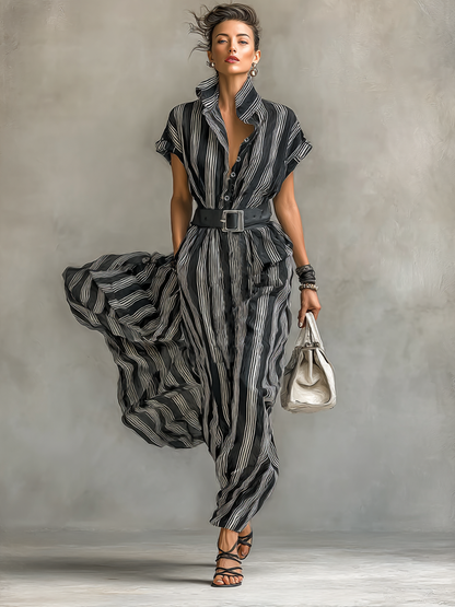 Vestido maxi feminino de chiffon listrado estampado, com gola de lapela e mangas curtas