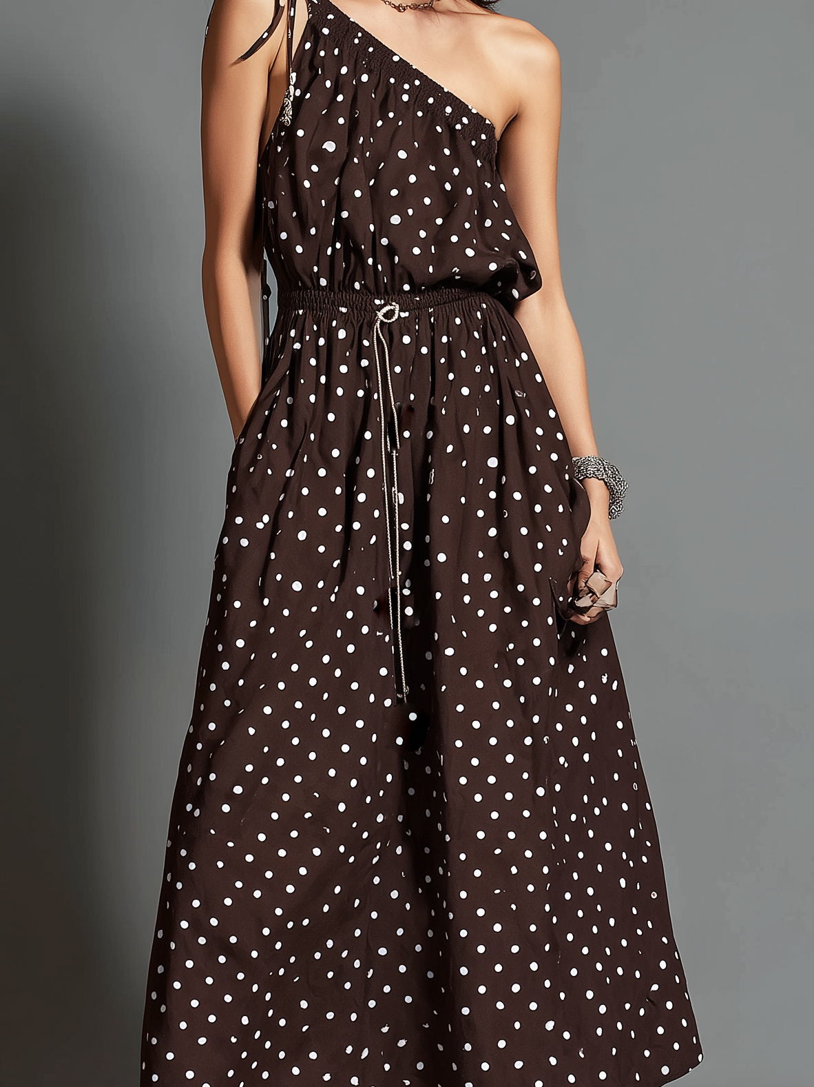 Vestido largo casual de mujer, marrón, con estampado de lunares, tejido, sin hombros y sin mangas