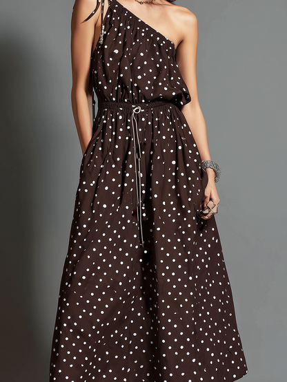 Vestido largo casual de mujer, marrón, con estampado de lunares, tejido, sin hombros y sin mangas
