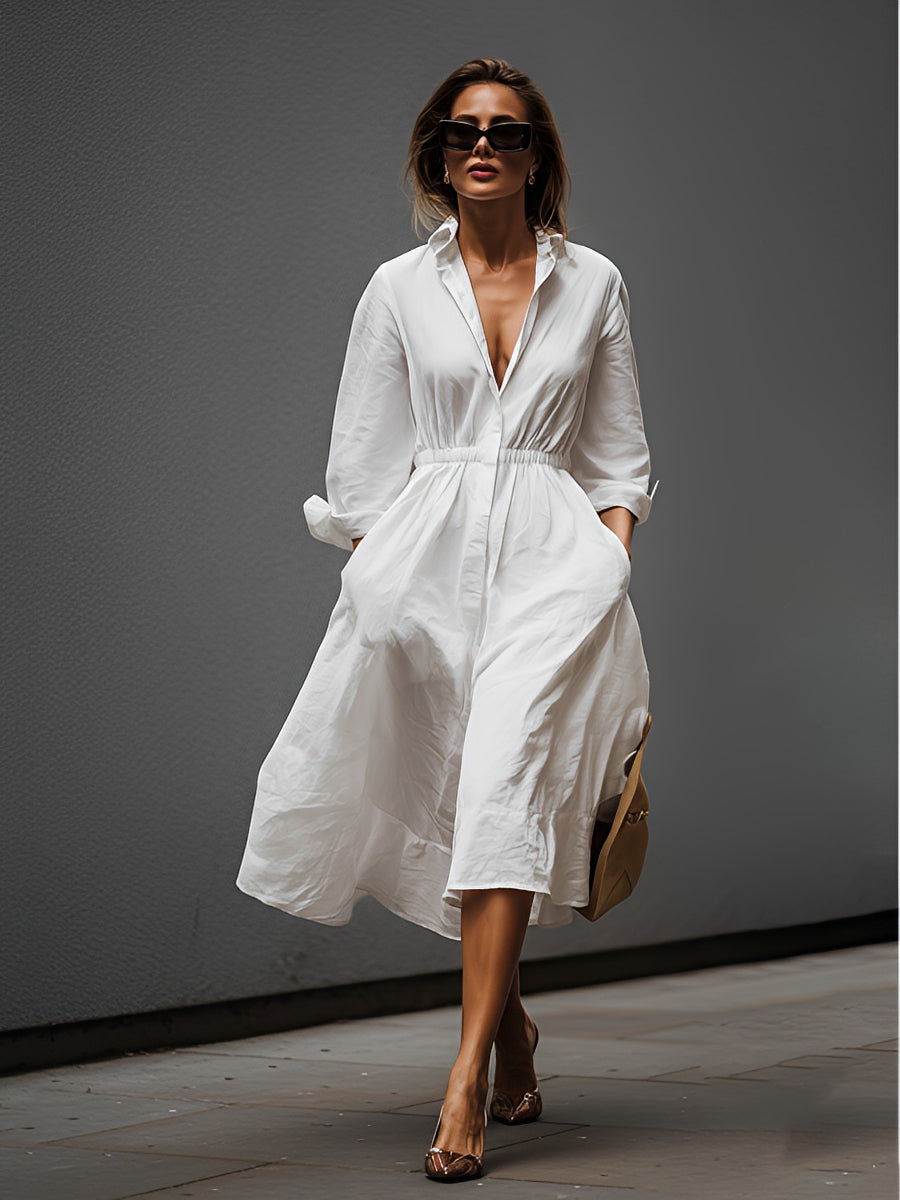Weißes Leinenkleid für Damen mit Hemdkragen und elastischem Taillenbund – zeitloser, mühelos eleganter Stil