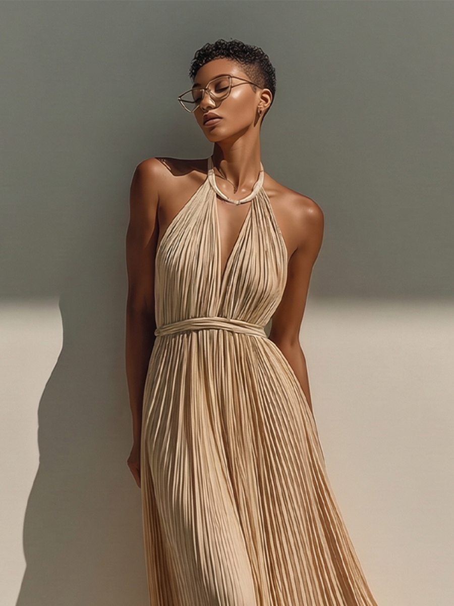 Women's Champagne Pleated Dress With Halter Neck & Self-Tie Waist, Timeless Evening-Elegant Style Dress