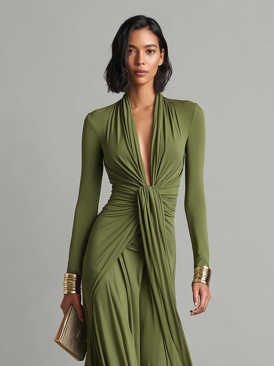Women's Olive Silky Stretchy Dress With Deep V-Neck & Ruched Detail, Glamorous Maxi Dress