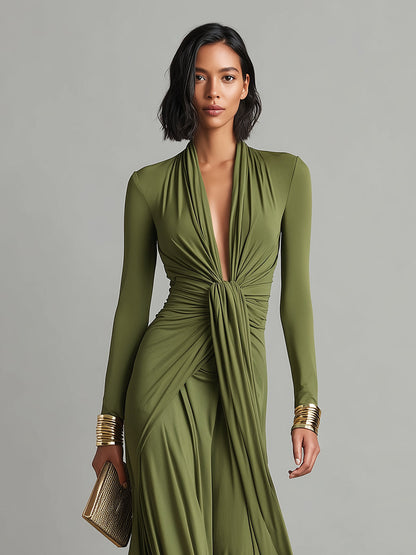 Women's Olive Silky Stretchy Dress With Deep V-Neck & Ruched Detail, Glamorous Maxi Dress
