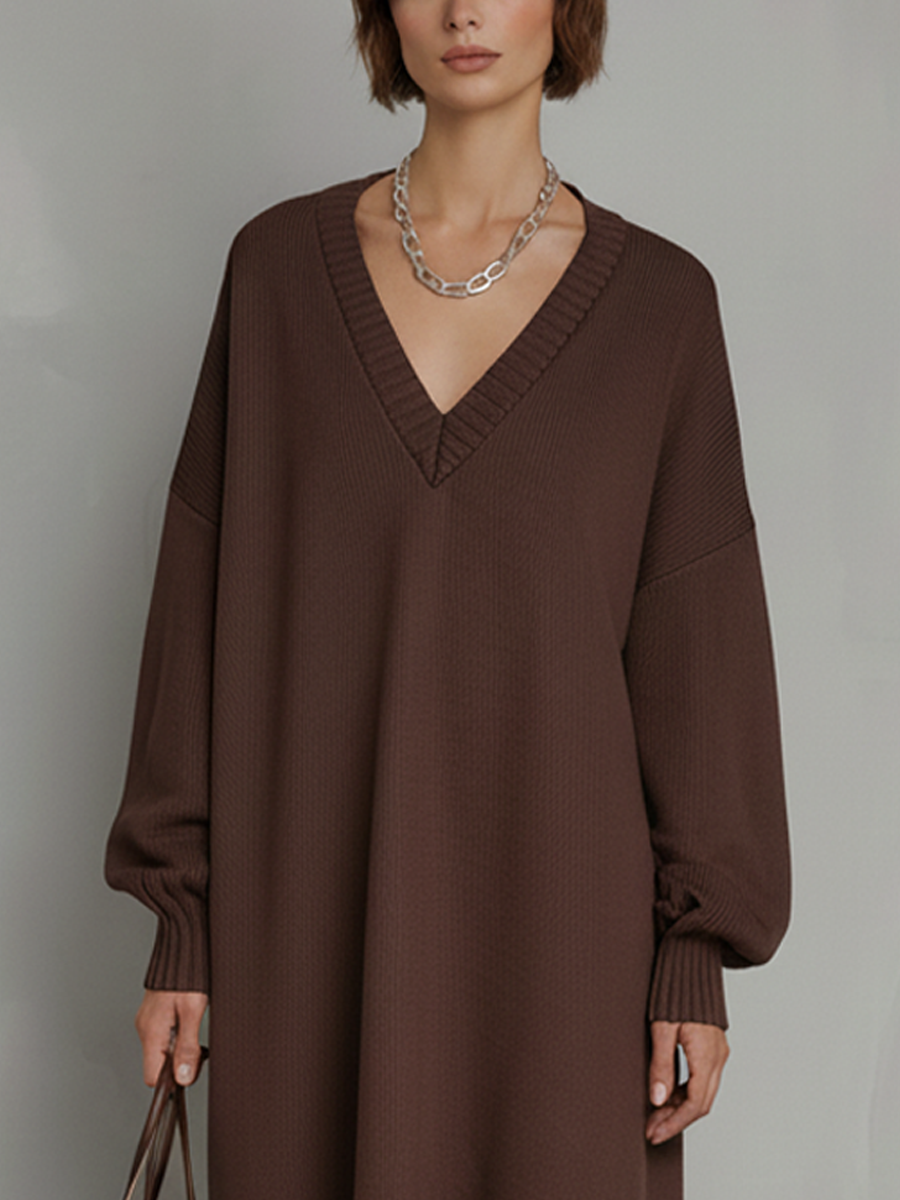 Women's Brown Ribbed Knit V-Neck Long Sleeve Pleated Hem Midi Dress