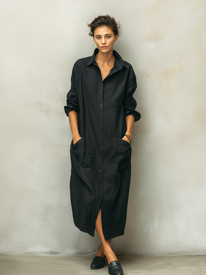 Vestido informal de mujer en mezcla de algodón y lino negros, con cuello de camisa y manga larga