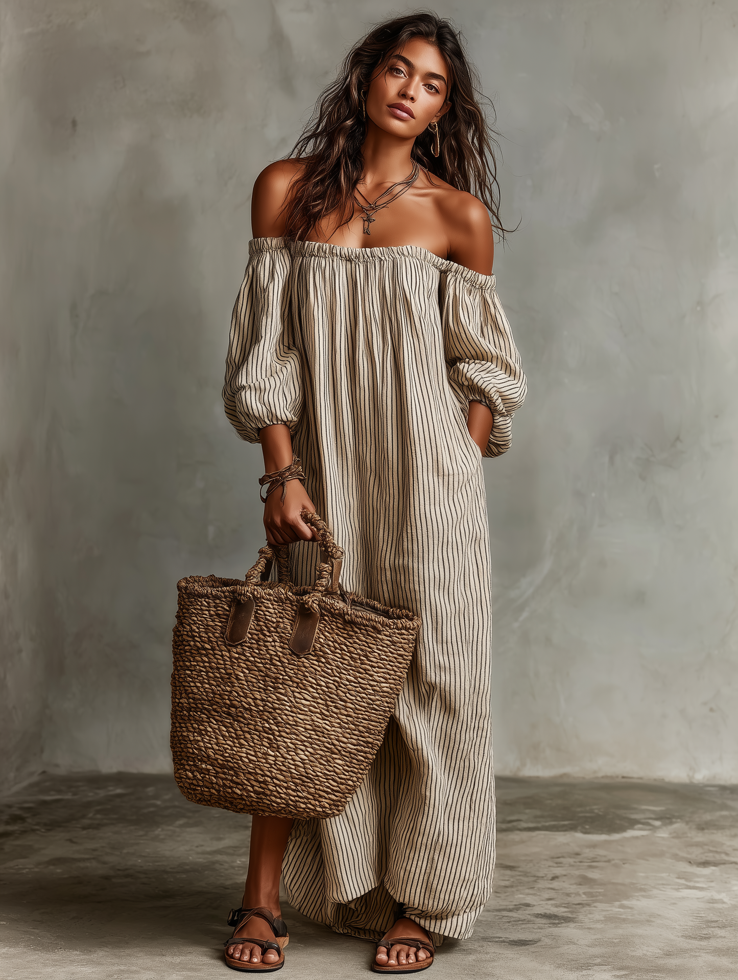 Women's Vacation Cotton-linen Blend Off-shoulder Long-sleeved Maxi Dress
