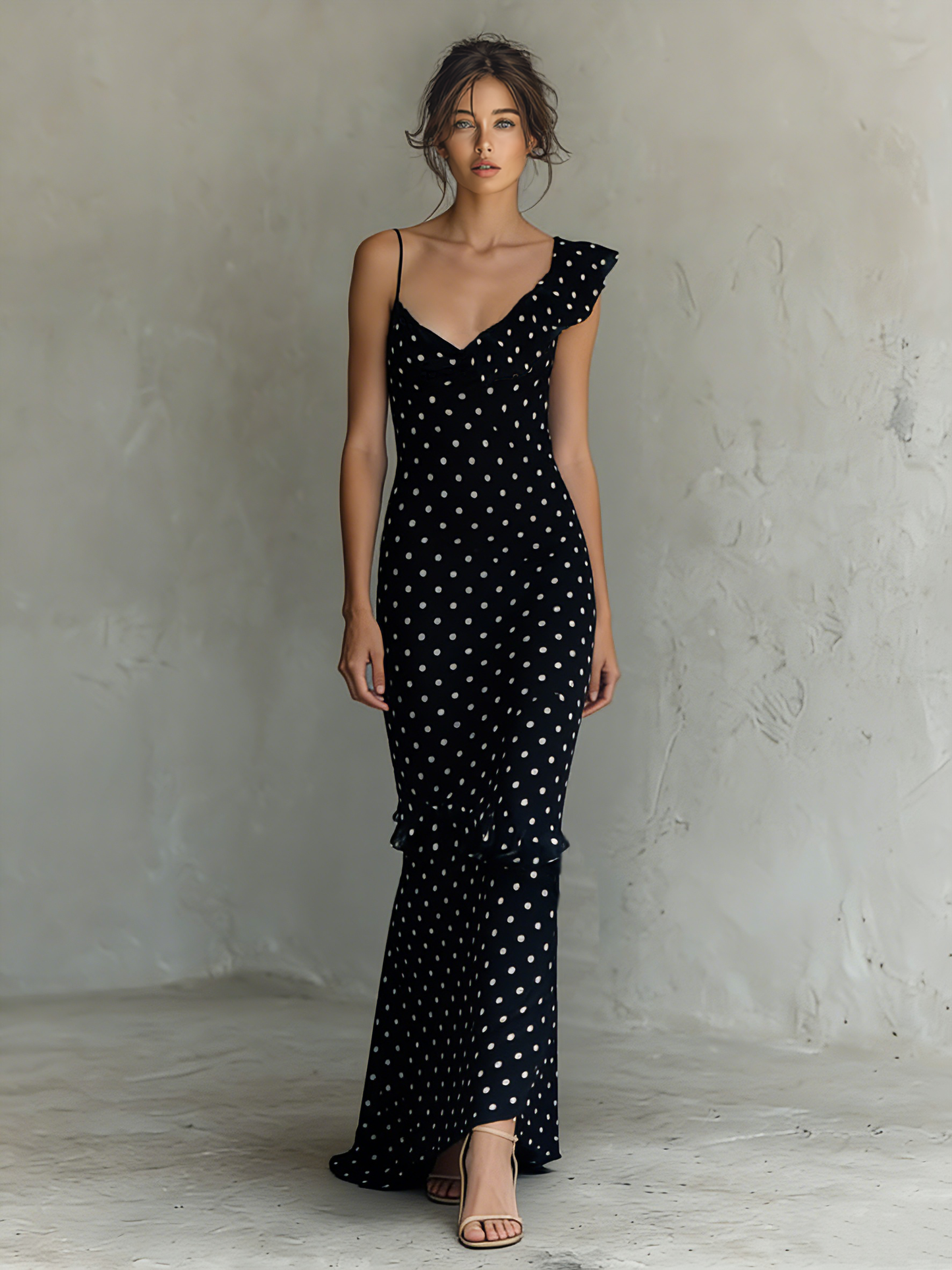Vestido feminino longo minimalista de chiffon com poás, sem mangas e decote em V