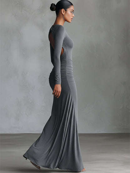 Elegantes graues Stretch-Maxikleid für Damen aus einer Polyester-Baumwoll-Mischung mit gerafftem Rückenausschnitt
