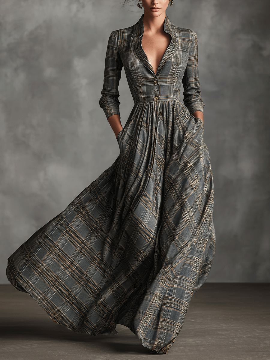 Damen-Maxikleid in Grau mit elegantem Tartanmuster aus Leinenmischgewebe und ausgestelltem Schnitt